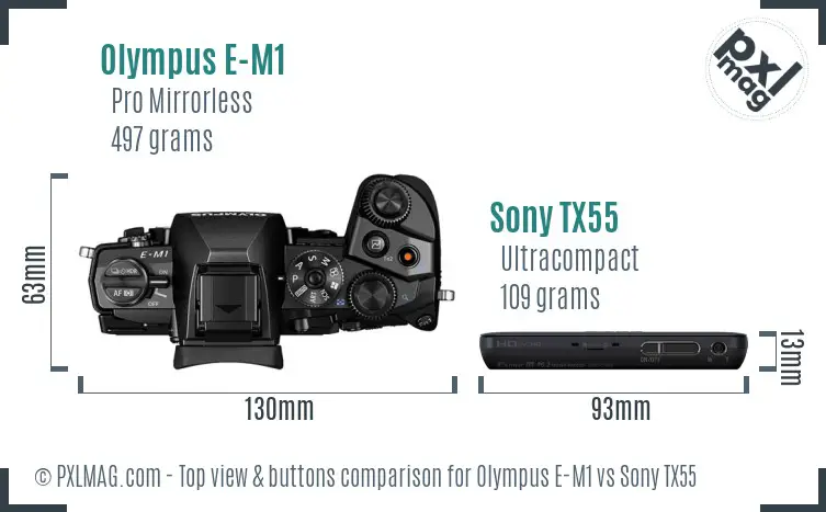 Olympus E-M1 vs Sony TX55 top view buttons comparison