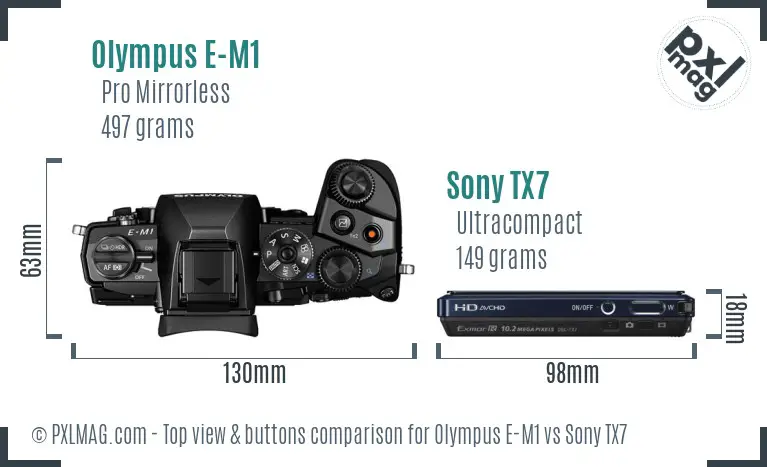 Olympus E-M1 vs Sony TX7 top view buttons comparison