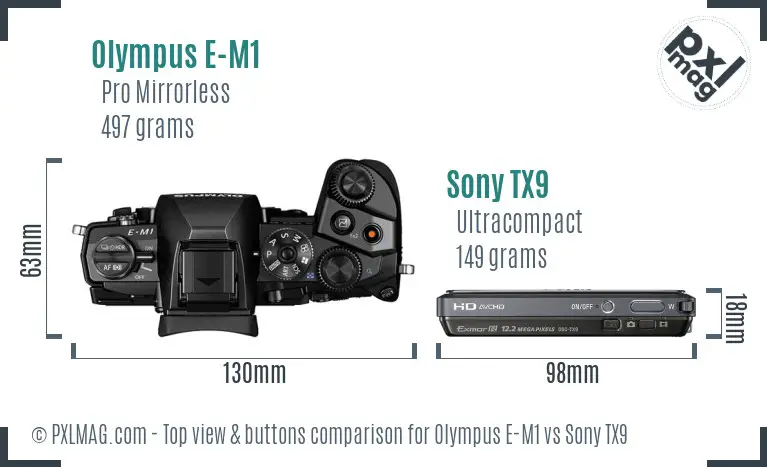 Olympus E-M1 vs Sony TX9 top view buttons comparison