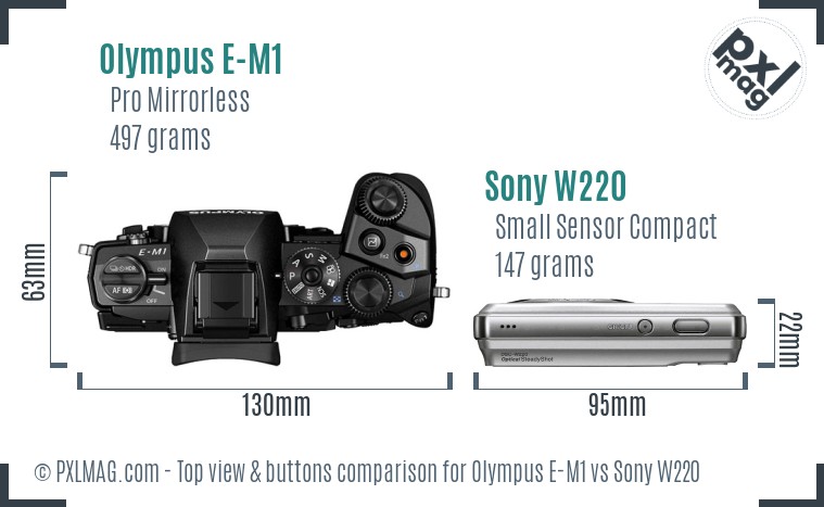 Olympus E-M1 vs Sony W220 top view buttons comparison