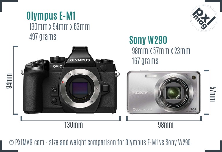 Olympus E-M1 vs Sony W290 size comparison