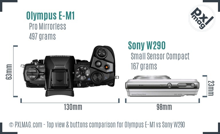 Olympus E-M1 vs Sony W290 top view buttons comparison