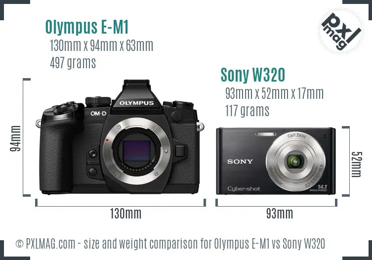 Olympus E-M1 vs Sony W320 size comparison