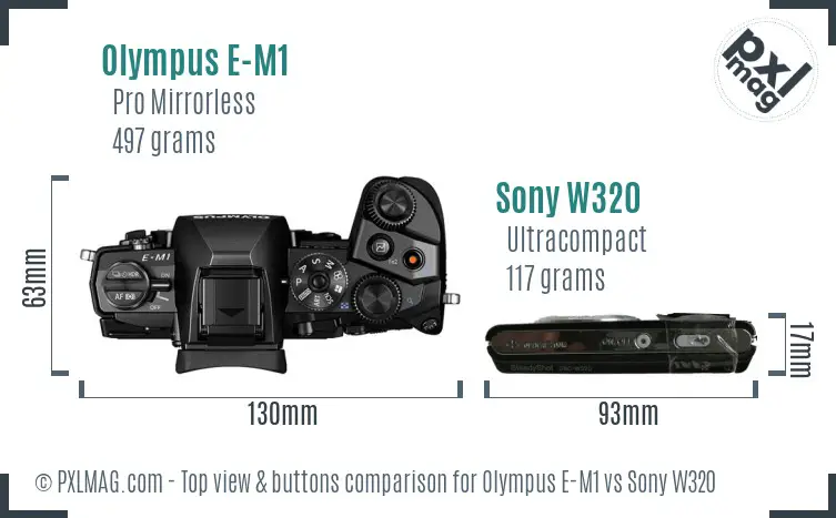 Olympus E-M1 vs Sony W320 top view buttons comparison