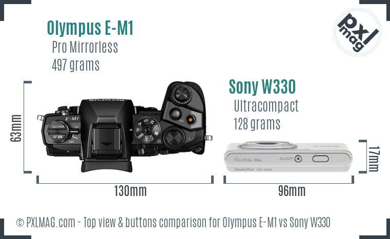 Olympus E-M1 vs Sony W330 top view buttons comparison