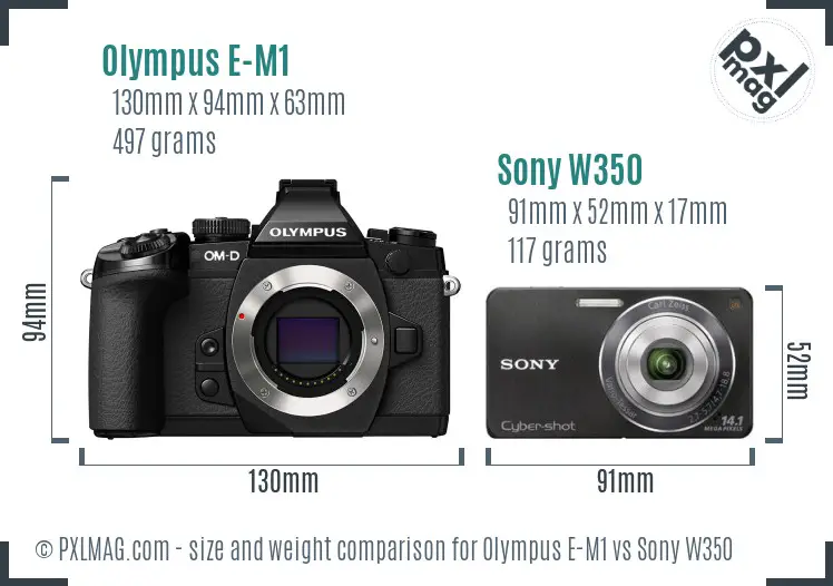 Olympus E-M1 vs Sony W350 size comparison