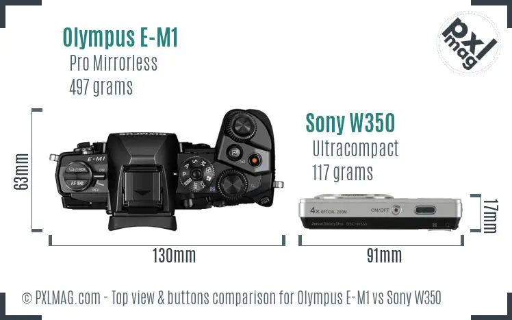 Olympus E-M1 vs Sony W350 top view buttons comparison