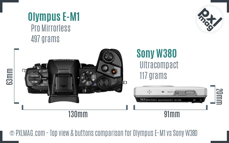 Olympus E-M1 vs Sony W380 top view buttons comparison