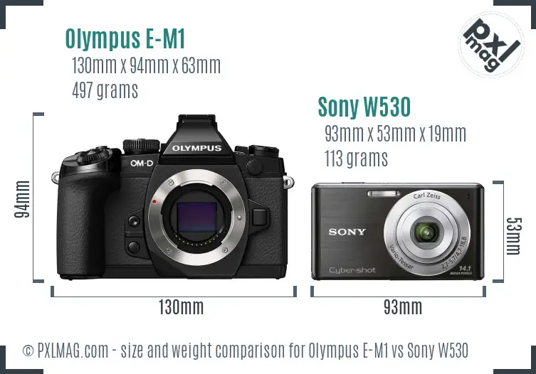 Olympus E-M1 vs Sony W530 size comparison