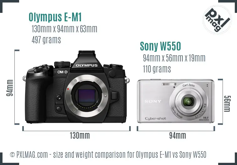 Olympus E-M1 vs Sony W550 size comparison