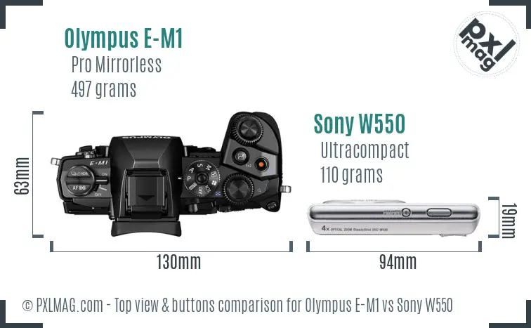 Olympus E-M1 vs Sony W550 top view buttons comparison