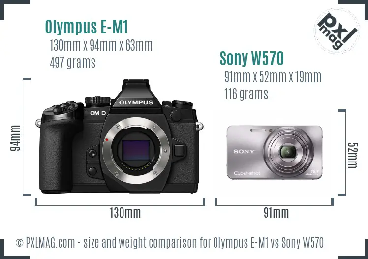 Olympus E-M1 vs Sony W570 size comparison