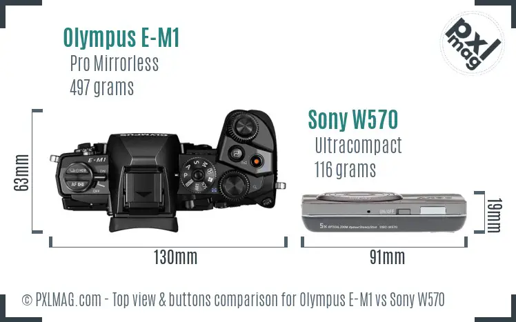 Olympus E-M1 vs Sony W570 top view buttons comparison