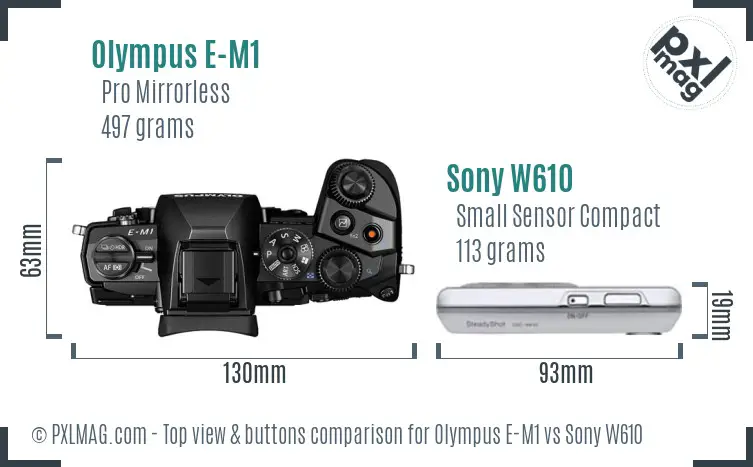 Olympus E-M1 vs Sony W610 top view buttons comparison