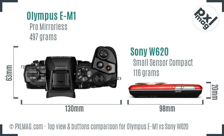 Olympus E-M1 vs Sony W620 top view buttons comparison