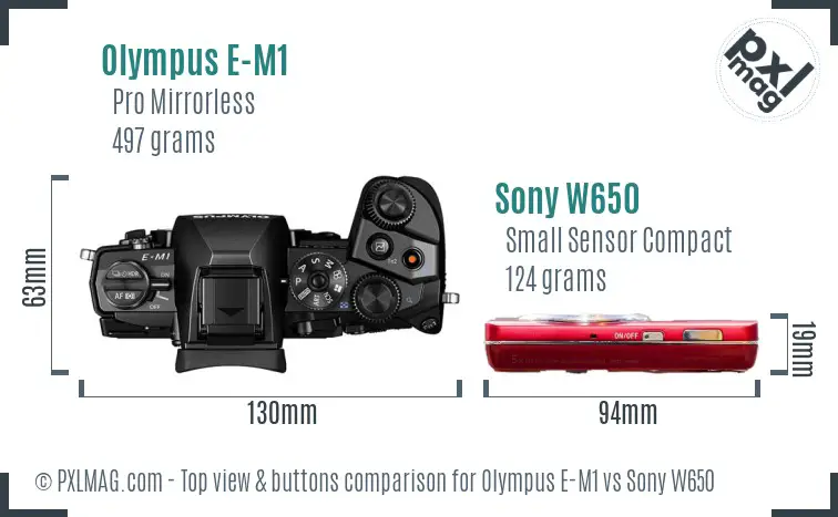 Olympus E-M1 vs Sony W650 top view buttons comparison