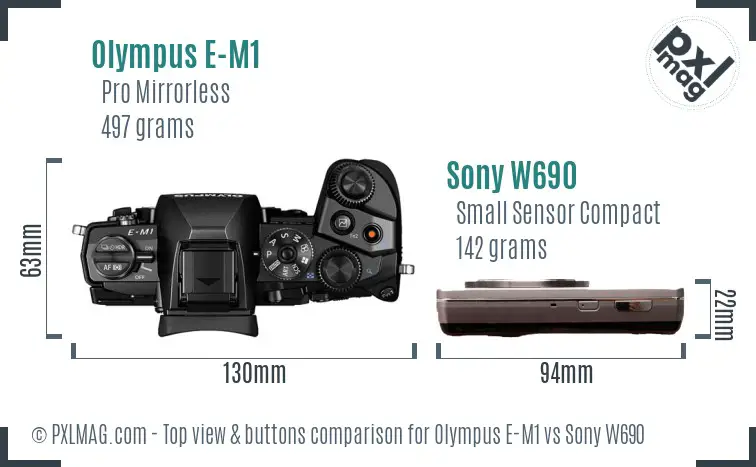 Olympus E-M1 vs Sony W690 top view buttons comparison