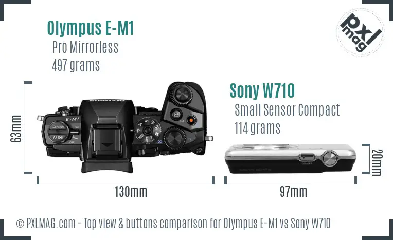 Olympus E-M1 vs Sony W710 top view buttons comparison