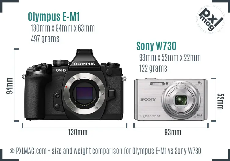 Olympus E-M1 vs Sony W730 size comparison