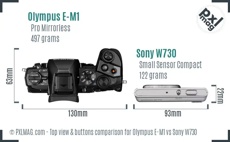 Olympus E-M1 vs Sony W730 top view buttons comparison