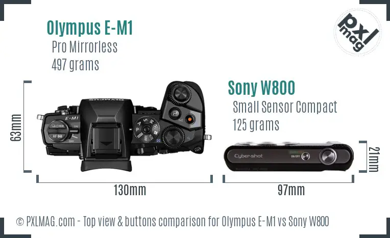 Olympus E-M1 vs Sony W800 top view buttons comparison