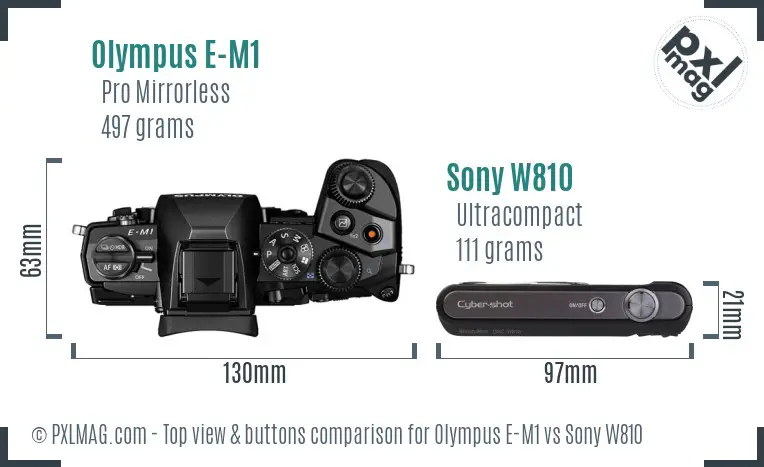 Olympus E-M1 vs Sony W810 top view buttons comparison