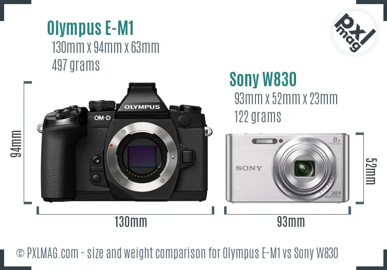 Olympus E-M1 vs Sony W830 size comparison
