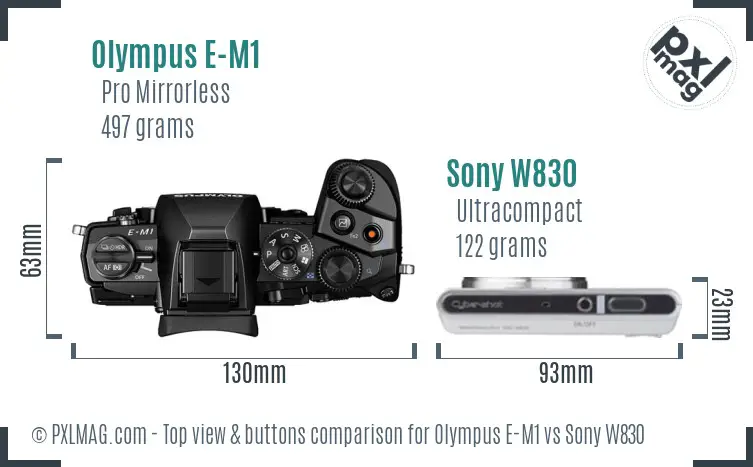 Olympus E-M1 vs Sony W830 top view buttons comparison