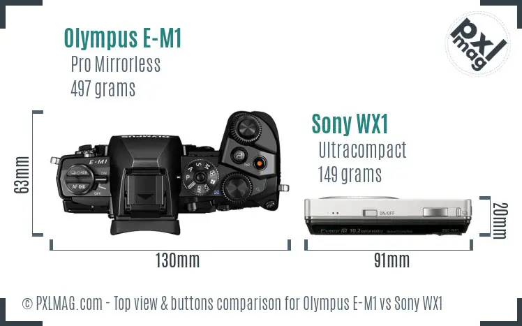 Olympus E-M1 vs Sony WX1 top view buttons comparison