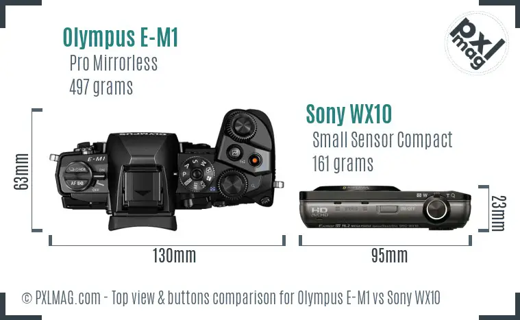 Olympus E-M1 vs Sony WX10 top view buttons comparison