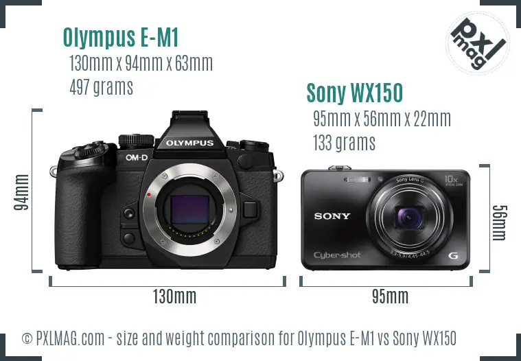 Olympus E-M1 vs Sony WX150 size comparison