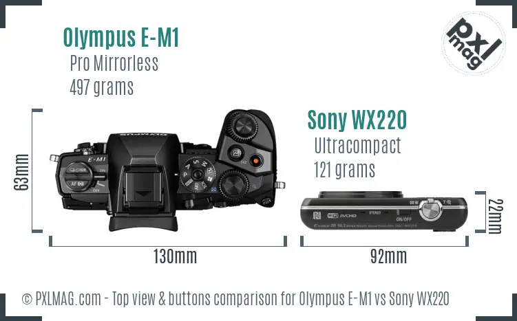 Olympus E-M1 vs Sony WX220 top view buttons comparison