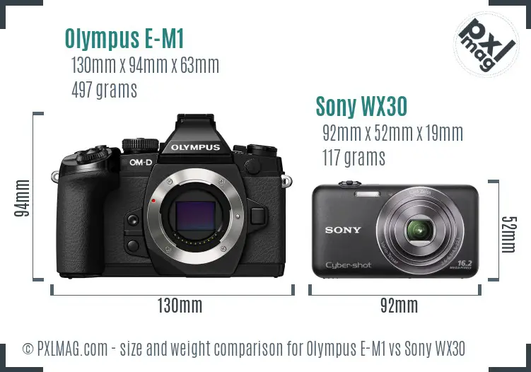 Olympus E-M1 vs Sony WX30 size comparison