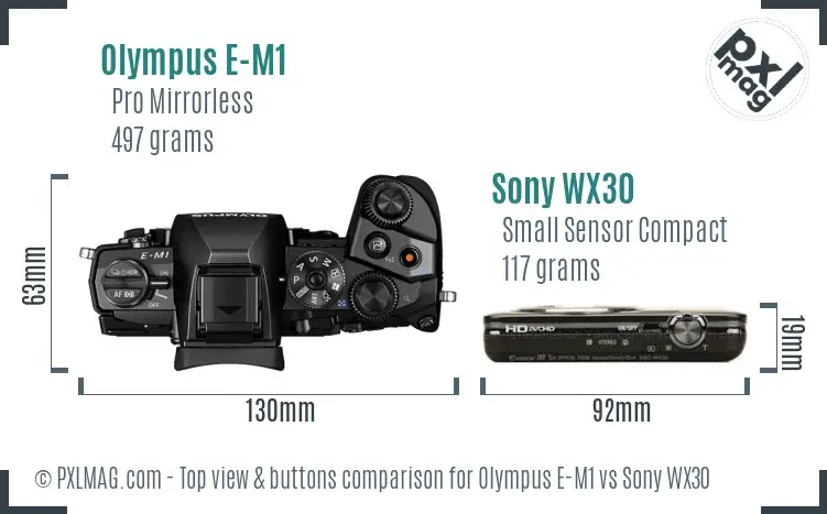 Olympus E-M1 vs Sony WX30 top view buttons comparison