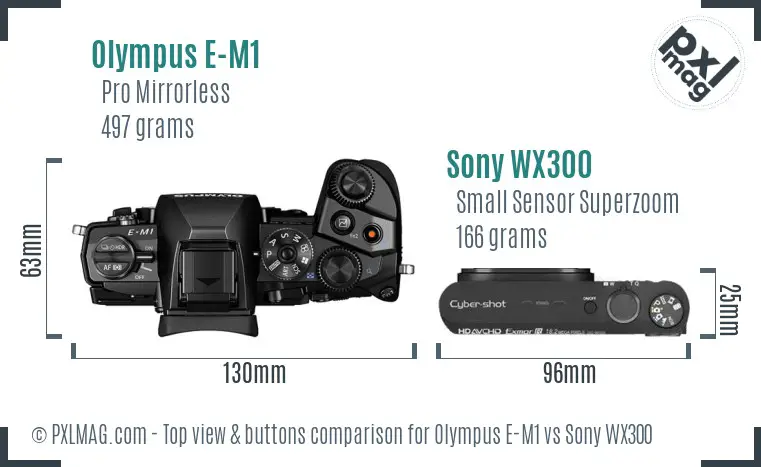 Olympus E-M1 vs Sony WX300 top view buttons comparison