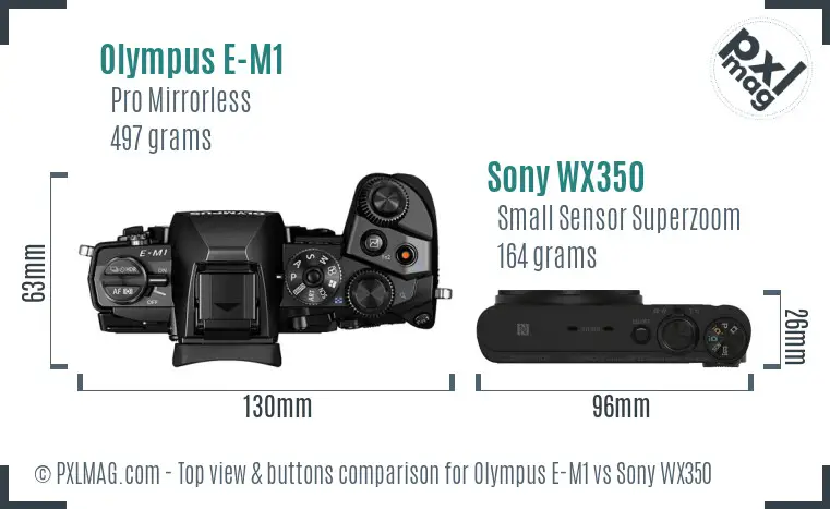 Olympus E-M1 vs Sony WX350 top view buttons comparison