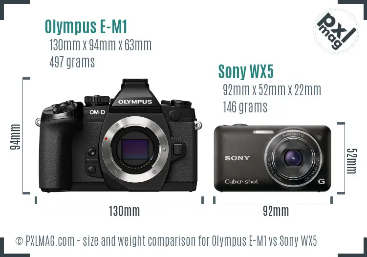 Olympus E-M1 vs Sony WX5 size comparison