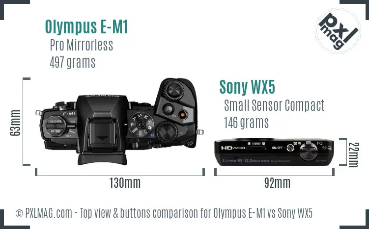 Olympus E-M1 vs Sony WX5 top view buttons comparison