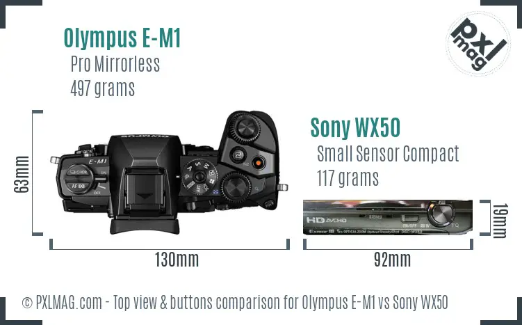 Olympus E-M1 vs Sony WX50 top view buttons comparison