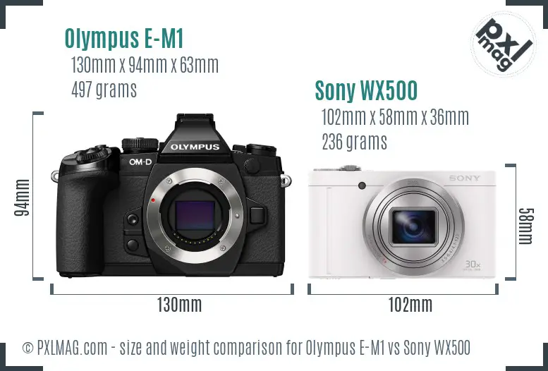 Olympus E-M1 vs Sony WX500 size comparison