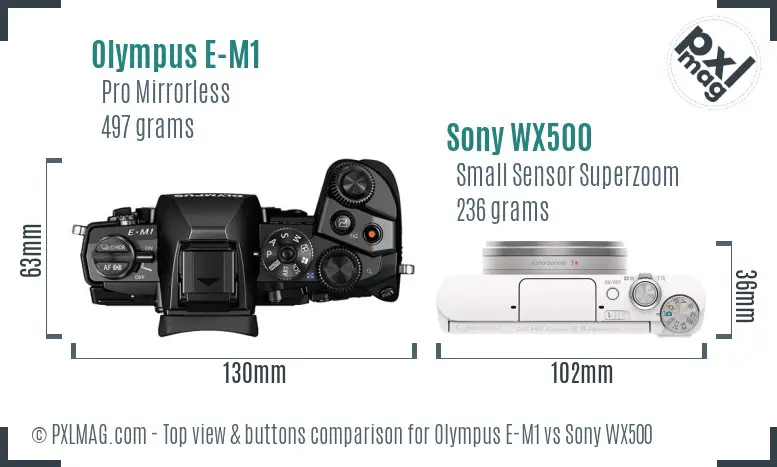 Olympus E-M1 vs Sony WX500 top view buttons comparison