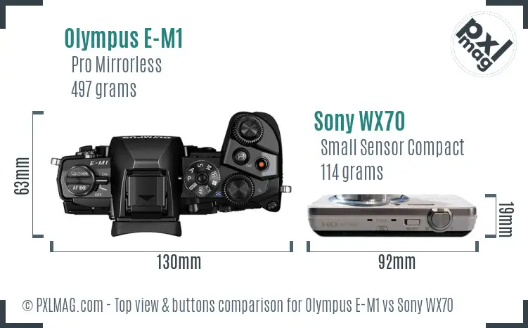 Olympus E-M1 vs Sony WX70 top view buttons comparison Olympus E-M1 vs Sony WX70 top view buttons comparison