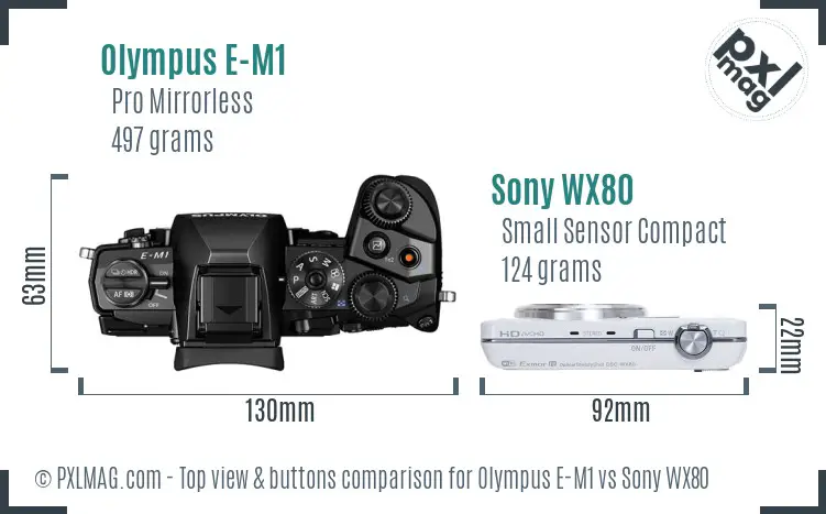 Olympus E-M1 vs Sony WX80 top view buttons comparison