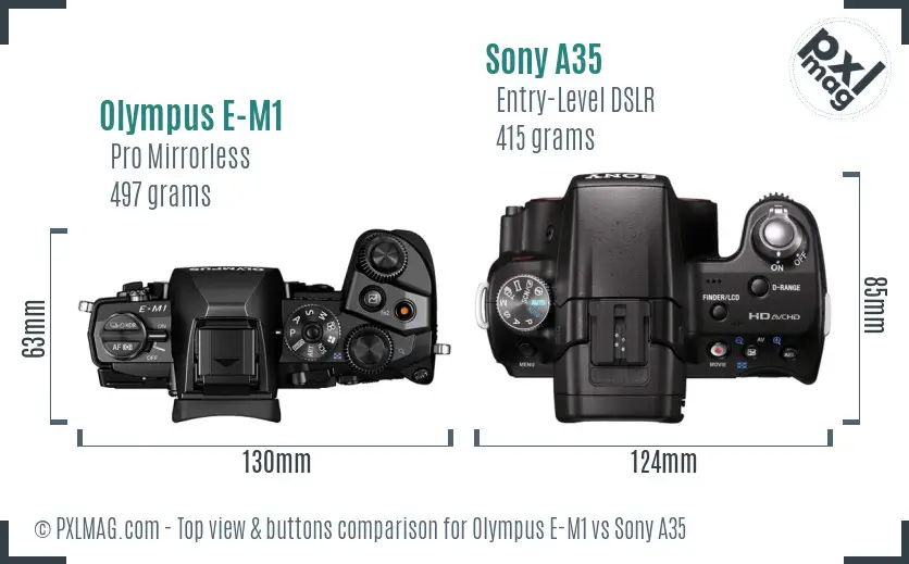 Olympus E-M1 vs Sony A35 top view buttons comparison