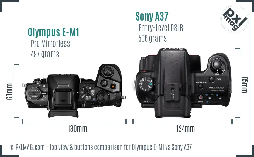 Olympus E-M1 vs Sony A37 top view buttons comparison