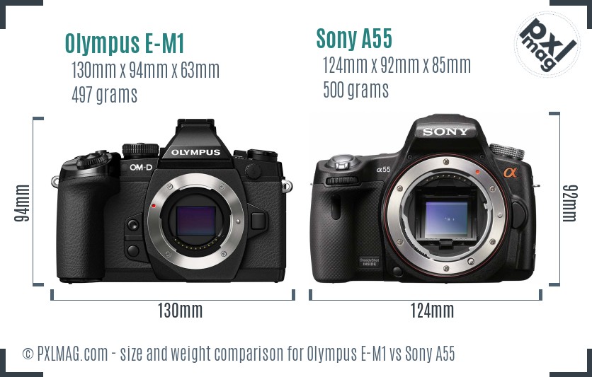 Olympus E-M1 vs Sony A55 size comparison