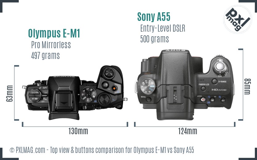 Olympus E-M1 vs Sony A55 top view buttons comparison