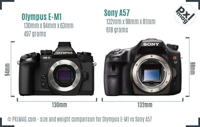 Olympus E-M1 vs Sony A57 size comparison