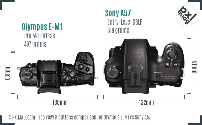 Olympus E-M1 vs Sony A57 top view buttons comparison