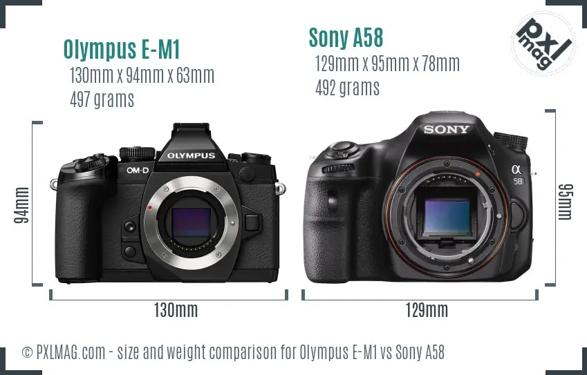 Olympus E-M1 vs Sony A58 size comparison
